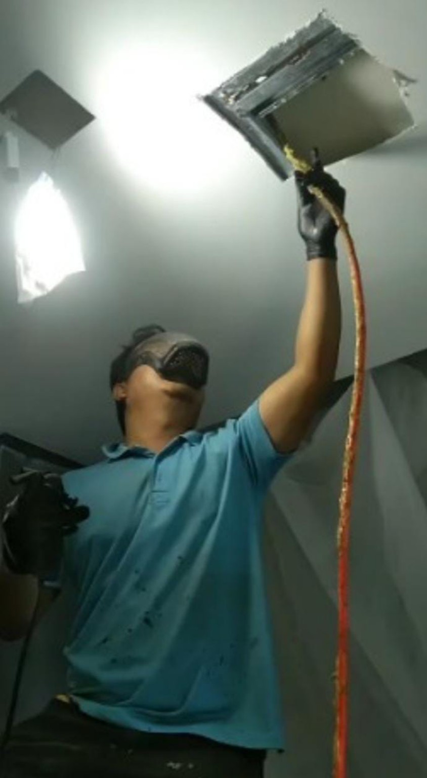 PU injection work accessed through an opening in the ceiling.